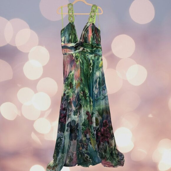 NWT Mac Duggal Cassandra Stone Green Multi Watercolor Chiffon Gown - Picture 7 of 9